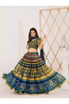Green and Blue Printed Semi stitched Lehenga and Unstitched Blouse With Dupatta
