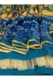 Green and Blue Printed Semi stitched Lehenga and Unstitched Blouse With Dupatta