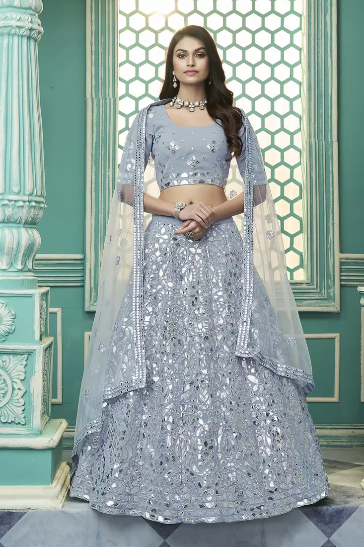 Sky blue Gota Patti embroidered georgette semi stitched lehenga