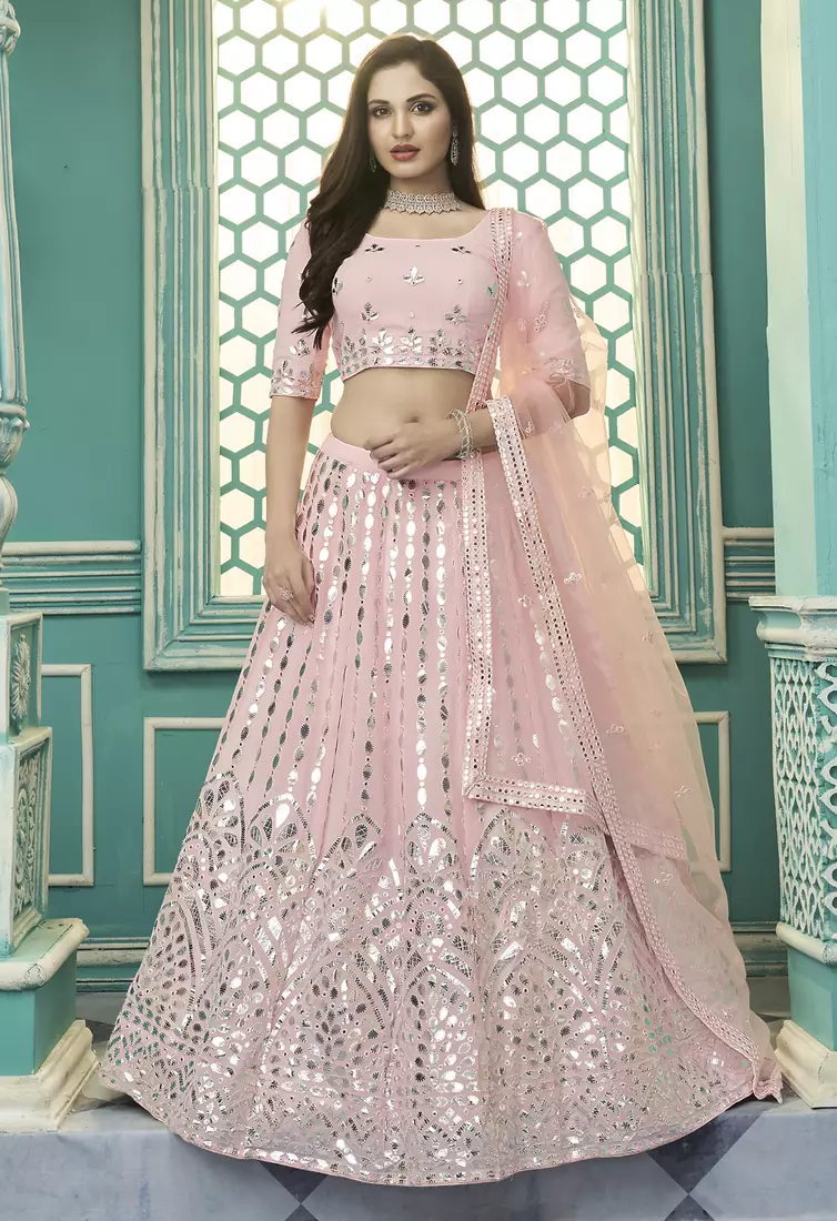 Pink Gota Patti embroidered georgette semi stitched lehenga