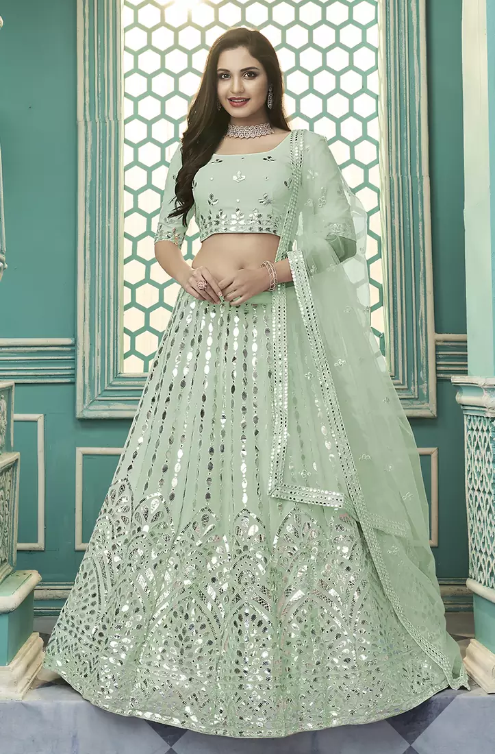 Pista Green Gota Patti embroidered georgette semi stitched lehenga