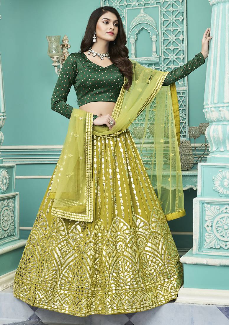 Floracance Green Gota Patti embroidered georgette semi stitched lehenga