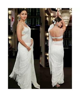 MAHATI White  embroidered silk  sarees with blouse 3