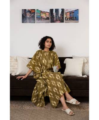 Fabnest womens handloom cotton Ikat mustard kaftaan 1