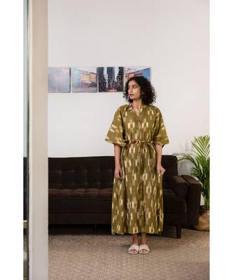 Fabnest womens handloom cotton Ikat mustard kaftaan 5