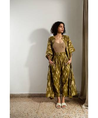 Fabnest handloom cotton Ikat mustard kaftaan and pant set 4