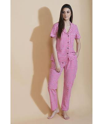 Fabnest Womens pink and white gingham cotton nightsuit 1