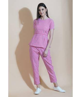 Fabnest Womens pink and white gingham straight pant and peplum top set 1