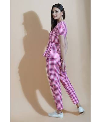 Fabnest Womens pink and white gingham straight pant and peplum top set 4