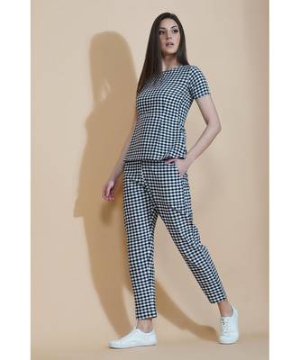 Fabnest Womens black and white gingham set of straight pants and a short sleeve peplum top 1