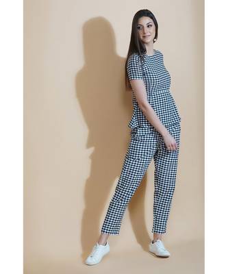 Fabnest Womens black and white gingham set of straight pants and a short sleeve peplum top 3