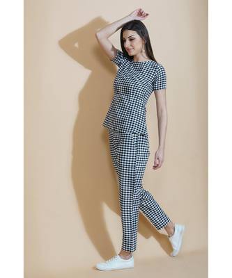 Fabnest Womens black and white gingham set of straight pants and a short sleeve peplum top 4