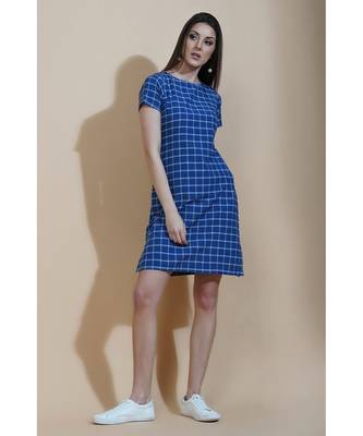 Fabnest Womens navy windowpane cotton shift dress 1