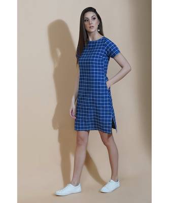 Fabnest Womens navy windowpane cotton shift dress 2