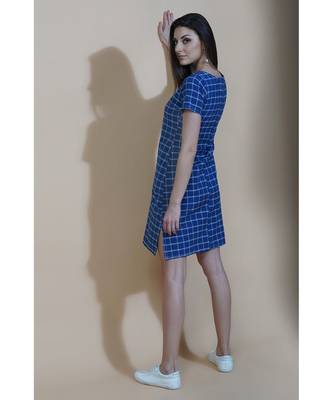 Fabnest Womens navy windowpane cotton shift dress 6