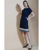 Fabnest Womens navy blue cotton flex shift dress with contrast stripes at bottom hem