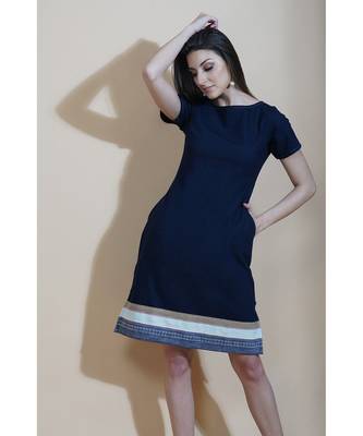 Fabnest Womens navy blue cotton flex shift dress with contrast stripes at bottom hem 4