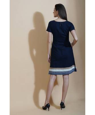 Fabnest Womens navy blue cotton flex shift dress with contrast stripes at bottom hem 5