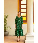 Fabnest womens handloom cotton Ikat green tiered dress