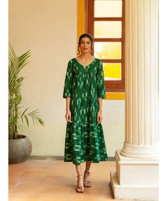 Fabnest womens handloom cotton Ikat green tiered dress 2