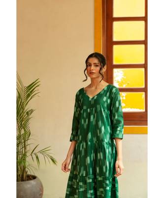 Fabnest womens handloom cotton Ikat green tiered dress 3