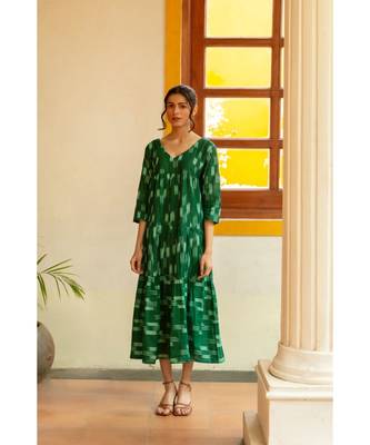 Fabnest womens handloom cotton Ikat green tiered dress 4