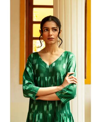 Fabnest womens handloom cotton Ikat green tiered dress 5