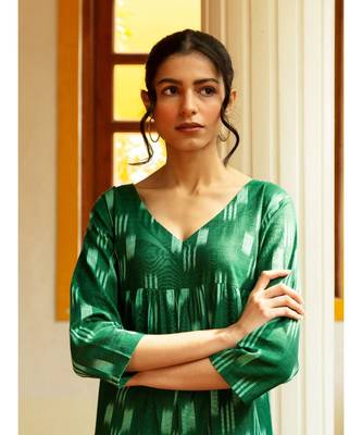 Fabnest womens handloom cotton Ikat green tiered dress 6