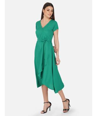 Fabnest Womens green crepe wrap around dress. 2