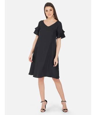 Fabnest Womens black crepe Aline dress with flounce sleeves 1