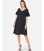 Fabnest Womens black crepe Aline dress with flounce sleeves