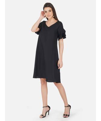 Fabnest Womens black crepe Aline dress with flounce sleeves 2