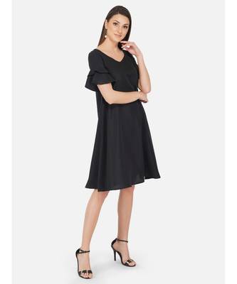 Fabnest Womens black crepe Aline dress with flounce sleeves 3