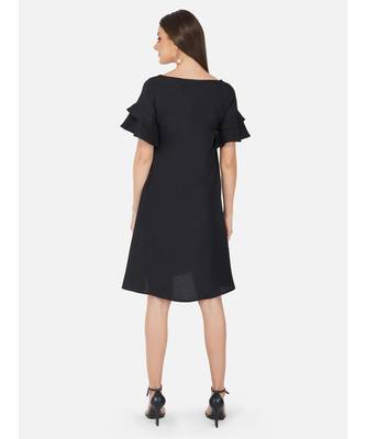 Fabnest Womens black crepe Aline dress with flounce sleeves 5