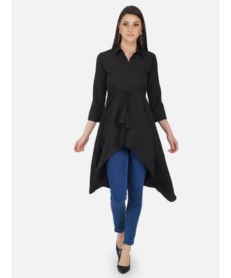 Fabnest Womens Black crepe high low tunic with collar. 2