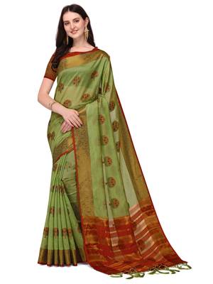 Beige Woven silk blend saree with blouse 1
