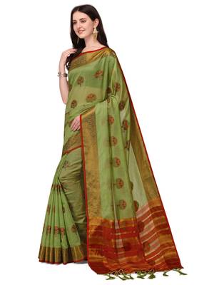 Beige Woven silk blend saree with blouse 2
