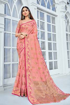 Saree Swarg Pink Silk Blend Banarasi Saree with Blouse 1