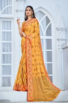 Saree Swarg Yellow Silk Blend Saree with Blouse 1