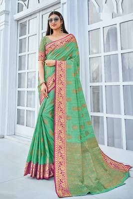Saree Swarg Rama Green Silk Blend Saree with Blouse Piece 1