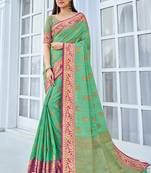 Saree Swarg Rama Green Silk Blend Saree with Blouse Piece