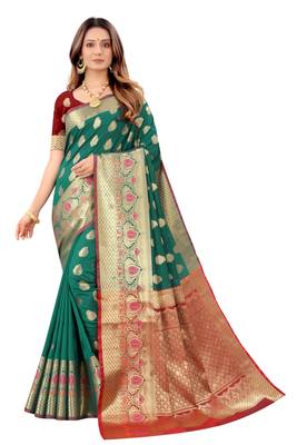 Green woven art silk sarees saree with blouse 1