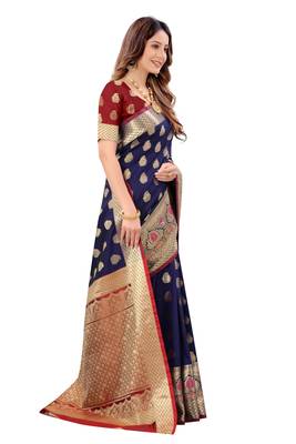 Navy blue woven art silk sarees saree with blouse 3