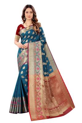 Turquoise woven art silk sarees saree with blouse 1