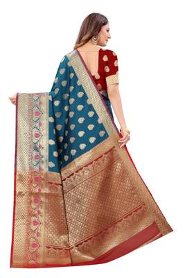 Turquoise woven art silk sarees saree with blouse 2