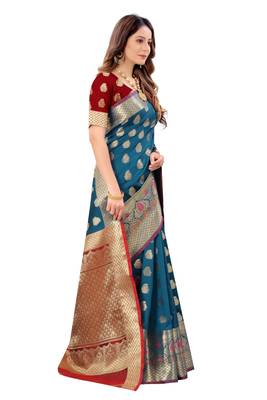 Turquoise woven art silk sarees saree with blouse 3