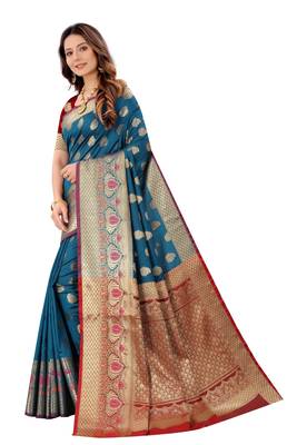 Turquoise woven art silk sarees saree with blouse 4