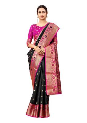 Black woven art silk sarees saree with blouse 3