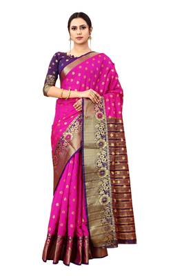 Pink woven art silk sarees saree with blouse 3