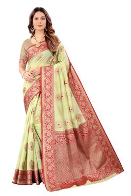 Green woven tussar silk saree with blouse 1